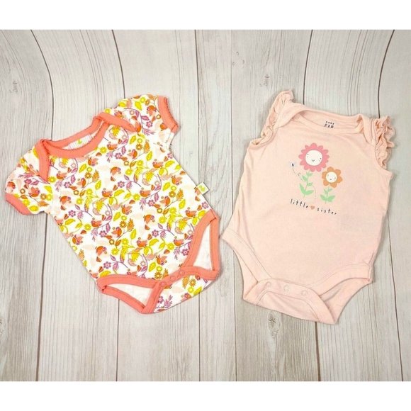Baby Girl 2 Outfit Summer Bodysuit Set Little Sister Birds Flowers Pink Gold 0-3 - Picture 1 of 10